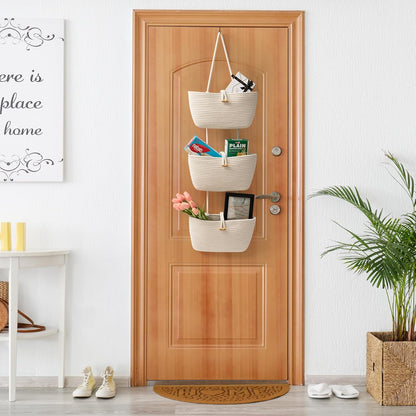 Over the Door Hanging Baskets with Wooden Button, 3-Tier Woven Cotton Storage Organizer Bag, Wall-Mounted with Hook Decorative Hanging Nursery Baskets, Jute