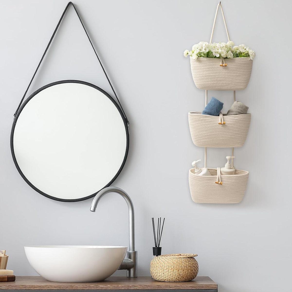 Over the Door Hanging Baskets with Wooden Button, 3-Tier Woven Cotton Storage Organizer Bag, Wall-Mounted with Hook Decorative Hanging Nursery Baskets, Jute