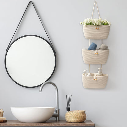 Over the Door Hanging Baskets with Wooden Button, 3-Tier Woven Cotton Storage Organizer Bag, Wall-Mounted with Hook Decorative Hanging Nursery Baskets, Jute
