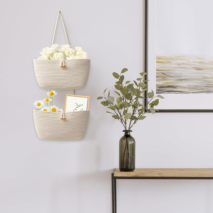 Over the Door Hanging Baskets with Wooden Button, 3-Tier Woven Cotton Storage Organizer Bag, Wall-Mounted with Hook Decorative Hanging Nursery Baskets, Jute