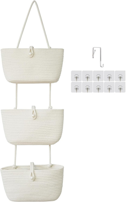 Over the Door Hanging Baskets with Wooden Button, 3-Tier Woven Cotton Storage Organizer Bag, Wall-Mounted with Hook Decorative Hanging Nursery Baskets, Jute