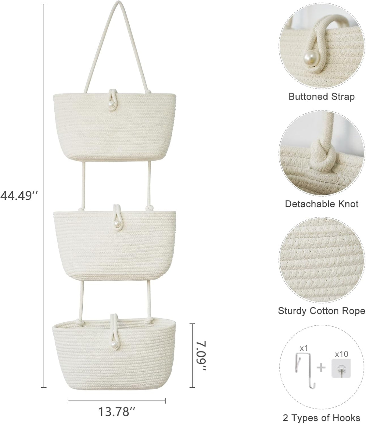 Over the Door Hanging Baskets with Wooden Button, 3-Tier Woven Cotton Storage Organizer Bag, Wall-Mounted with Hook Decorative Hanging Nursery Baskets, Jute