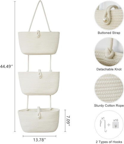 Over the Door Hanging Baskets with Wooden Button, 3-Tier Woven Cotton Storage Organizer Bag, Wall-Mounted with Hook Decorative Hanging Nursery Baskets, Jute