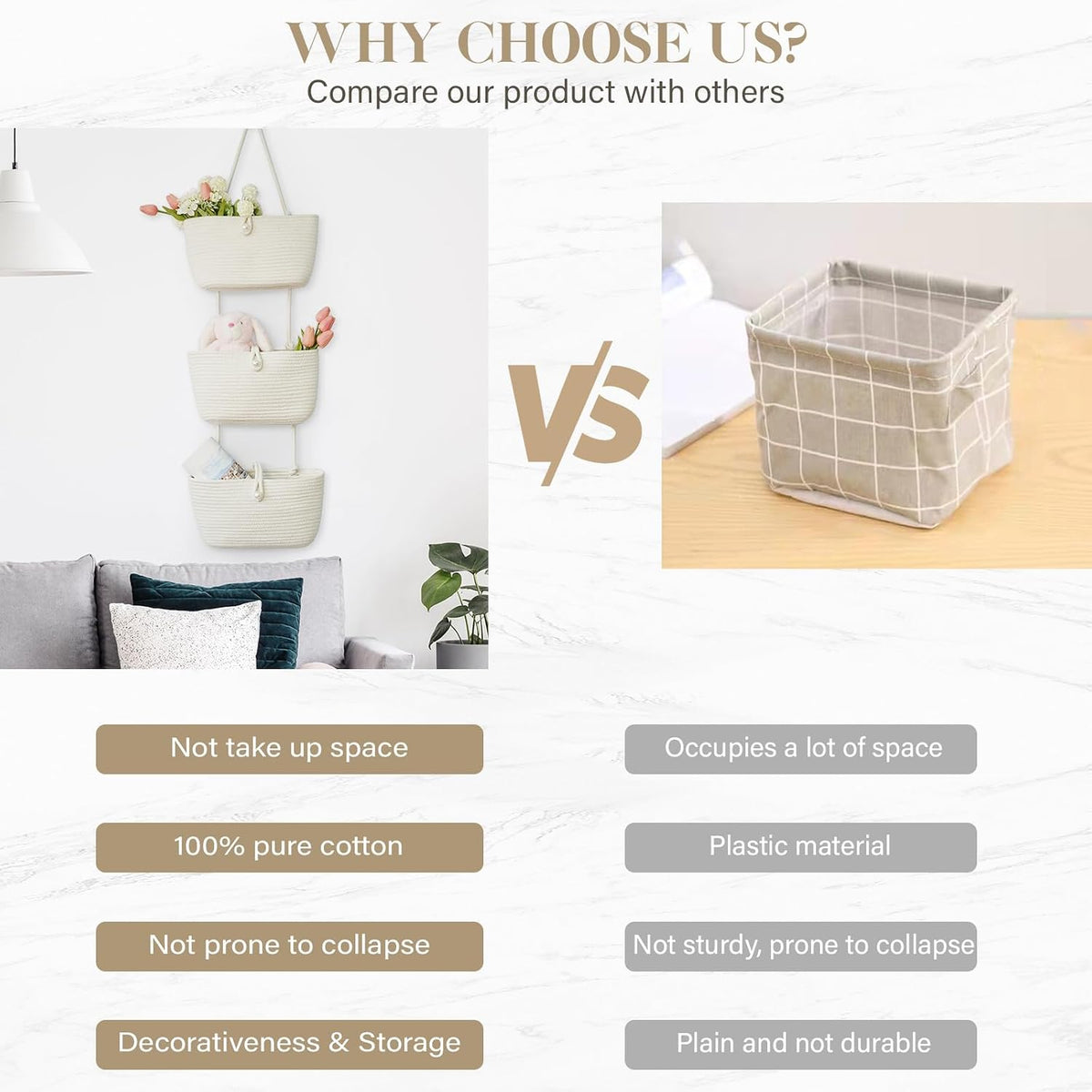 Over the Door Hanging Baskets with Wooden Button, 3-Tier Woven Cotton Storage Organizer Bag, Wall-Mounted with Hook Decorative Hanging Nursery Baskets, Jute