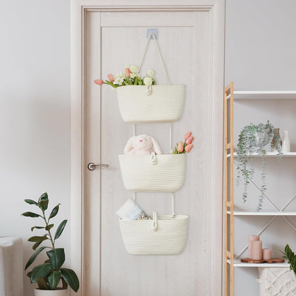 Over the Door Hanging Baskets with Wooden Button, 3-Tier Woven Cotton Storage Organizer Bag, Wall-Mounted with Hook Decorative Hanging Nursery Baskets, Jute
