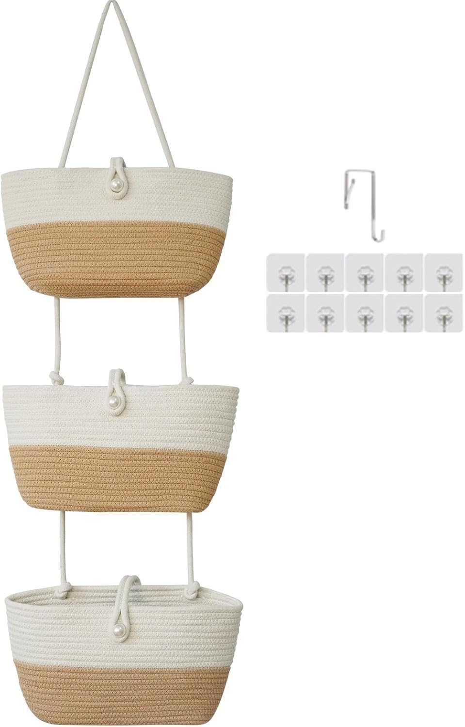 Over the Door Hanging Baskets with Wooden Button, 3-Tier Woven Cotton Storage Organizer Bag, Wall-Mounted with Hook Decorative Hanging Nursery Baskets, Jute