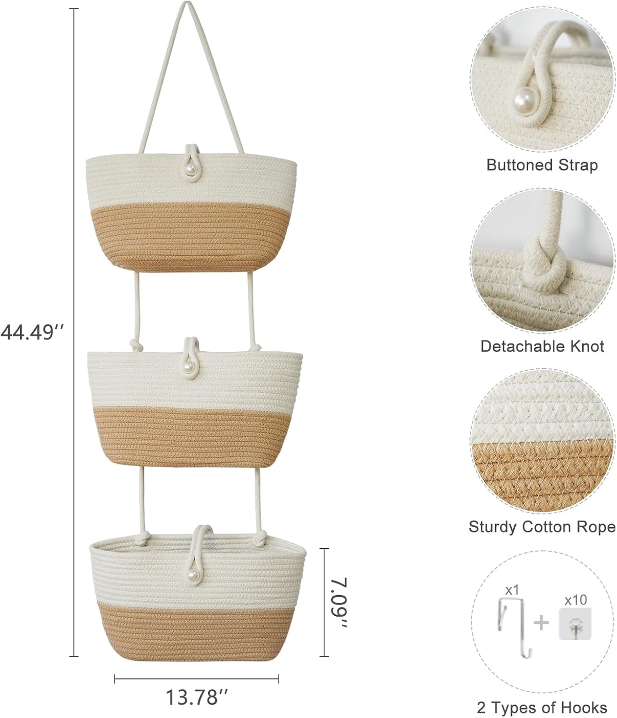 Over the Door Hanging Baskets with Wooden Button, 3-Tier Woven Cotton Storage Organizer Bag, Wall-Mounted with Hook Decorative Hanging Nursery Baskets, Jute
