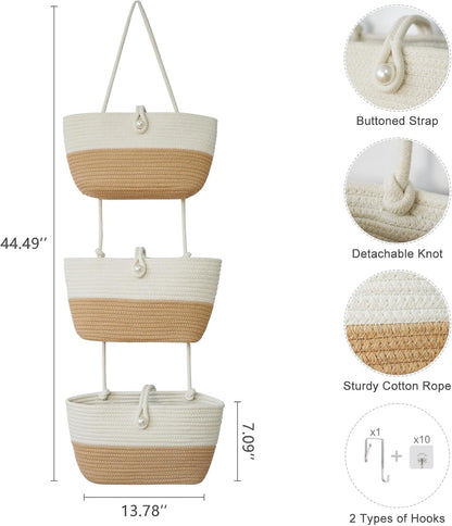 Over the Door Hanging Baskets with Wooden Button, 3-Tier Woven Cotton Storage Organizer Bag, Wall-Mounted with Hook Decorative Hanging Nursery Baskets, Jute
