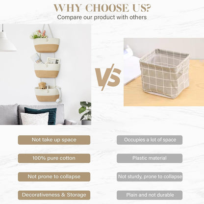 Over the Door Hanging Baskets with Wooden Button, 3-Tier Woven Cotton Storage Organizer Bag, Wall-Mounted with Hook Decorative Hanging Nursery Baskets, Jute