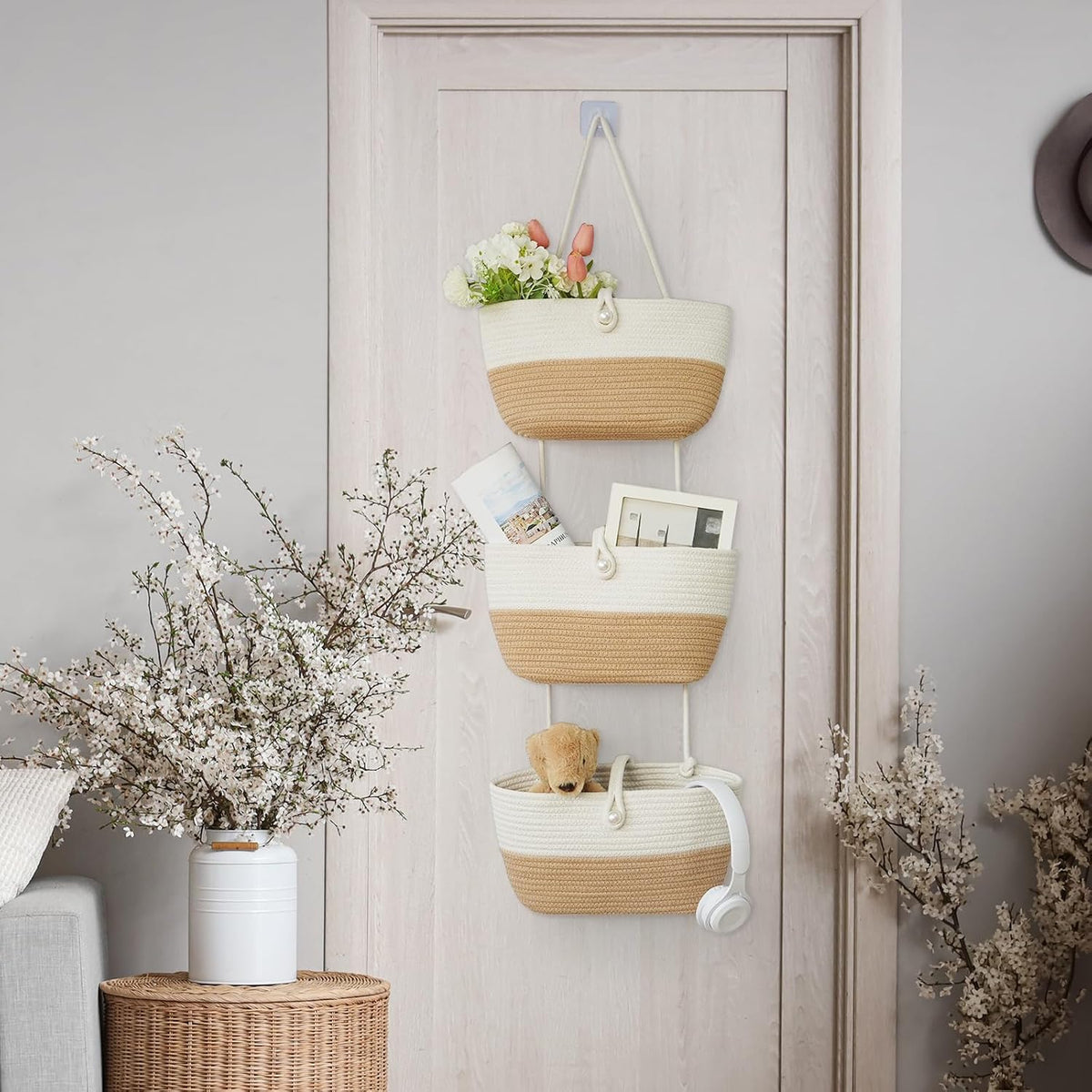 Over the Door Hanging Baskets with Wooden Button, 3-Tier Woven Cotton Storage Organizer Bag, Wall-Mounted with Hook Decorative Hanging Nursery Baskets, Jute