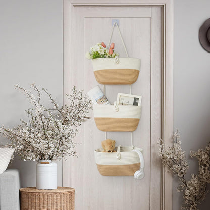 Over the Door Hanging Baskets with Wooden Button, 3-Tier Woven Cotton Storage Organizer Bag, Wall-Mounted with Hook Decorative Hanging Nursery Baskets, Jute
