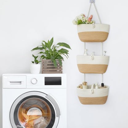Over the Door Hanging Baskets with Wooden Button, 3-Tier Woven Cotton Storage Organizer Bag, Wall-Mounted with Hook Decorative Hanging Nursery Baskets, Jute