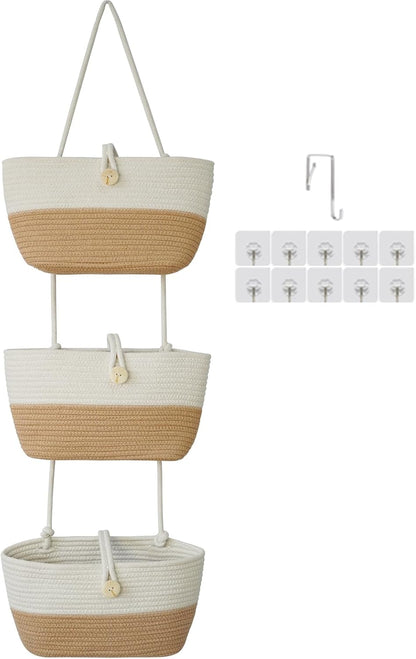 Over the Door Hanging Baskets with Wooden Button, 3-Tier Woven Cotton Storage Organizer Bag, Wall-Mounted with Hook Decorative Hanging Nursery Baskets, Jute