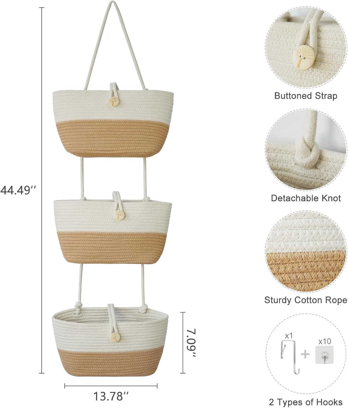 Over the Door Hanging Baskets with Wooden Button, 3-Tier Woven Cotton Storage Organizer Bag, Wall-Mounted with Hook Decorative Hanging Nursery Baskets, Jute