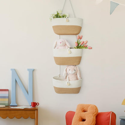 Over the Door Hanging Baskets with Wooden Button, 3-Tier Woven Cotton Storage Organizer Bag, Wall-Mounted with Hook Decorative Hanging Nursery Baskets, Jute