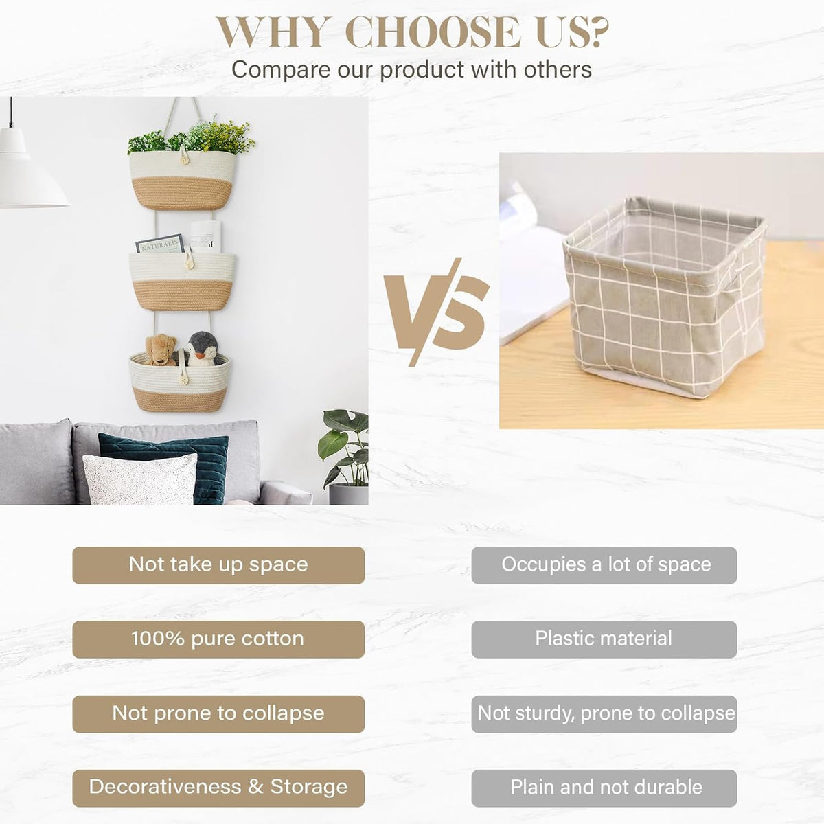 Over the Door Hanging Baskets with Wooden Button, 3-Tier Woven Cotton Storage Organizer Bag, Wall-Mounted with Hook Decorative Hanging Nursery Baskets, Jute