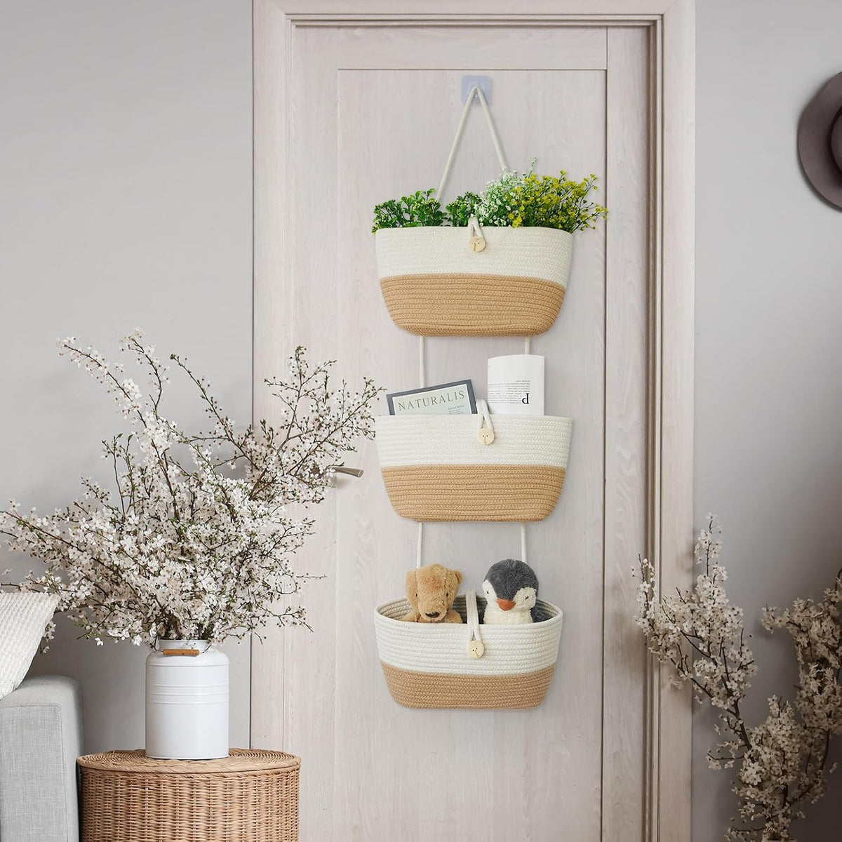 Over the Door Hanging Baskets with Wooden Button, 3-Tier Woven Cotton Storage Organizer Bag, Wall-Mounted with Hook Decorative Hanging Nursery Baskets, Jute