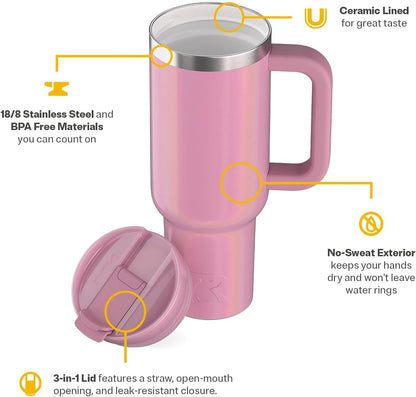 30 oz Road Trip Tumbler Double-Walled Insulated Stainless Steel Portable Travel Coffee Mug Cup with Lid, Handle and Straw, Midnight Dust Metallic - Colors B