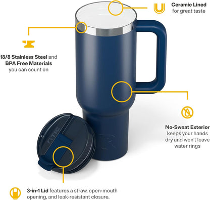 30 oz Road Trip Tumbler Double-Walled Insulated Stainless Steel Portable Travel Coffee Mug Cup with Lid, Handle and Straw, Midnight Dust Metallic - Colors B