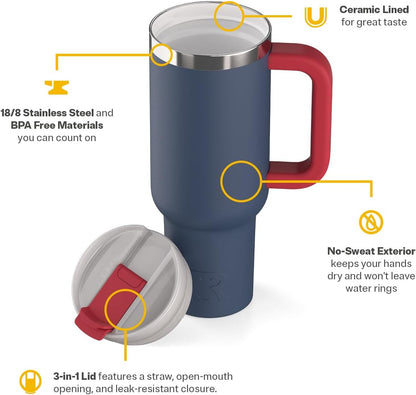 30 oz Road Trip Tumbler Double-Walled Insulated Stainless Steel Portable Travel Coffee Mug Cup with Lid, Handle and Straw, Midnight Dust Metallic - Colors B