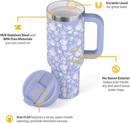30 oz Road Trip Tumbler Double-Walled Insulated Stainless Steel Portable Travel Coffee Mug Cup with Lid, Handle and Straw, Midnight Dust Metallic - Colors B