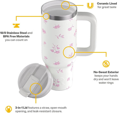 30 oz Road Trip Tumbler Double-Walled Insulated Stainless Steel Portable Travel Coffee Mug Cup with Lid, Handle and Straw, Midnight Dust Metallic - Colors B
