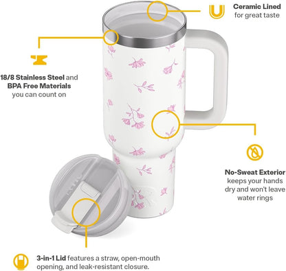 30 oz Road Trip Tumbler Double-Walled Insulated Stainless Steel Portable Travel Coffee Mug Cup with Lid, Handle and Straw, Midnight Dust Metallic - Colors B