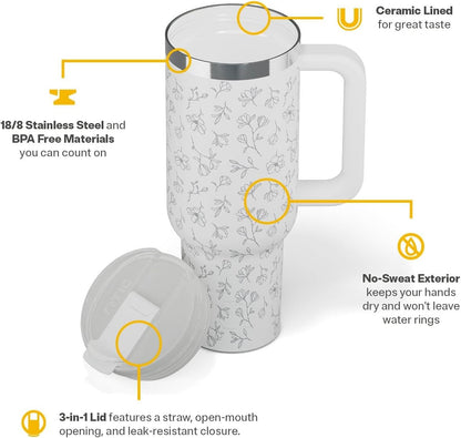 30 oz Road Trip Tumbler Double-Walled Insulated Stainless Steel Portable Travel Coffee Mug Cup with Lid, Handle and Straw, Midnight Dust Metallic - Colors B