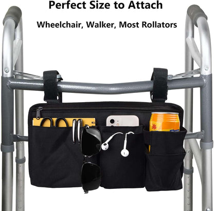 Wheelchair Side Bag Walker Side Bag Wheelchair Armrest Storage Pouch with Cup Holder, Wheelchair Accessories for Seniors for Walker, Rollator, Electric Scooter or Wheelchair -Black