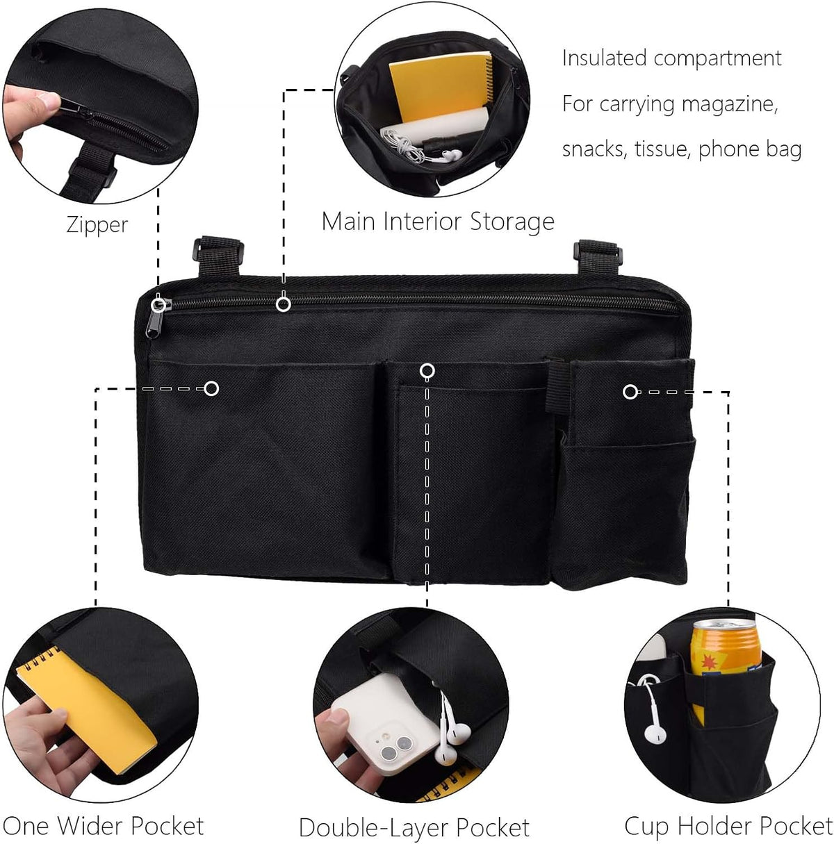 Wheelchair Side Bag Walker Side Bag Wheelchair Armrest Storage Pouch with Cup Holder, Wheelchair Accessories for Seniors for Walker, Rollator, Electric Scooter or Wheelchair -Black
