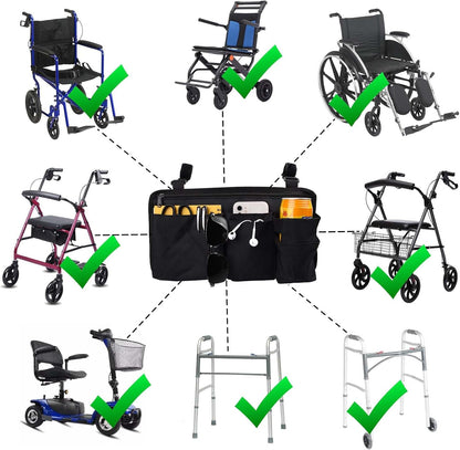 Wheelchair Side Bag Walker Side Bag Wheelchair Armrest Storage Pouch with Cup Holder, Wheelchair Accessories for Seniors for Walker, Rollator, Electric Scooter or Wheelchair -Black