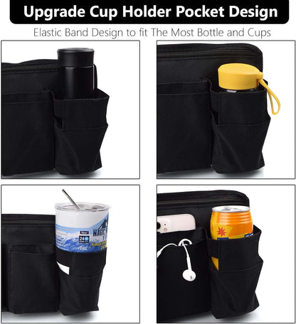 Wheelchair Side Bag Walker Side Bag Wheelchair Armrest Storage Pouch with Cup Holder, Wheelchair Accessories for Seniors for Walker, Rollator, Electric Scooter or Wheelchair -Black