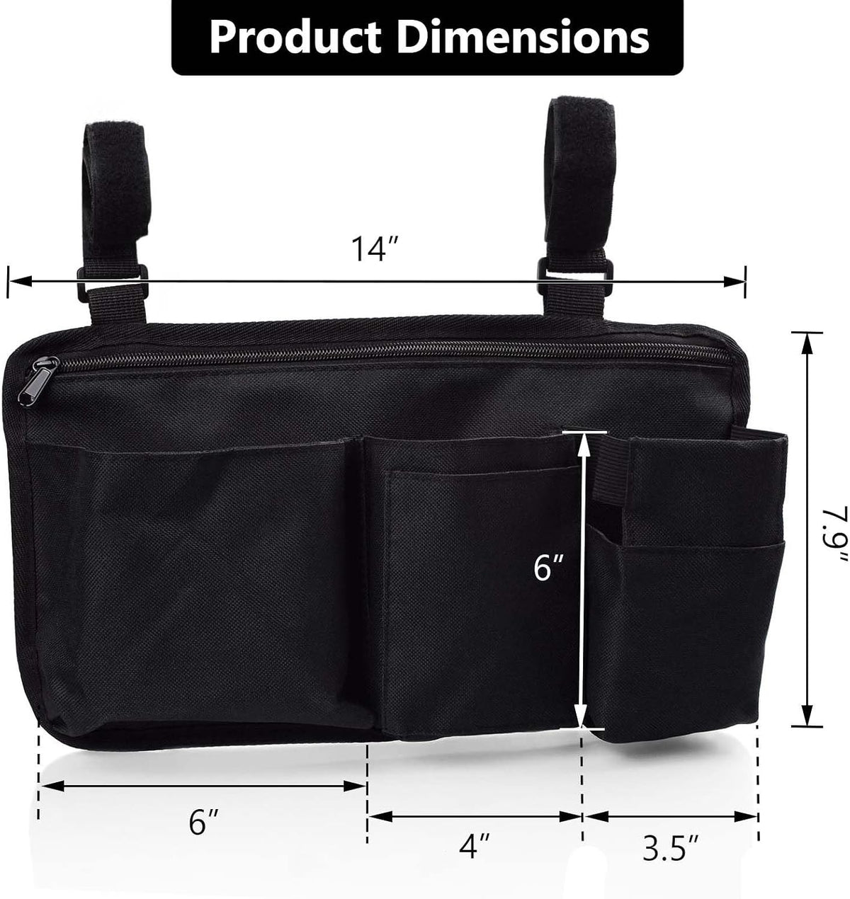 Wheelchair Side Bag Walker Side Bag Wheelchair Armrest Storage Pouch with Cup Holder, Wheelchair Accessories for Seniors for Walker, Rollator, Electric Scooter or Wheelchair -Black