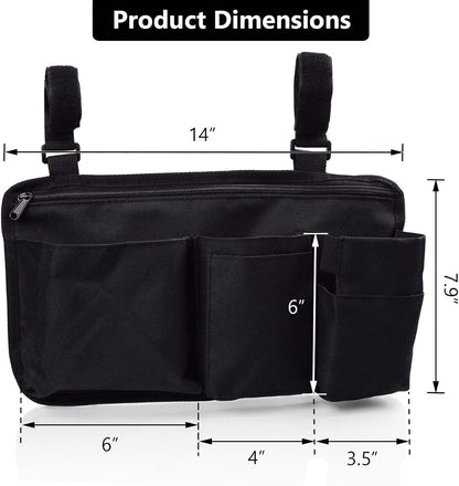 Wheelchair Side Bag Walker Side Bag Wheelchair Armrest Storage Pouch with Cup Holder, Wheelchair Accessories for Seniors for Walker, Rollator, Electric Scooter or Wheelchair -Black