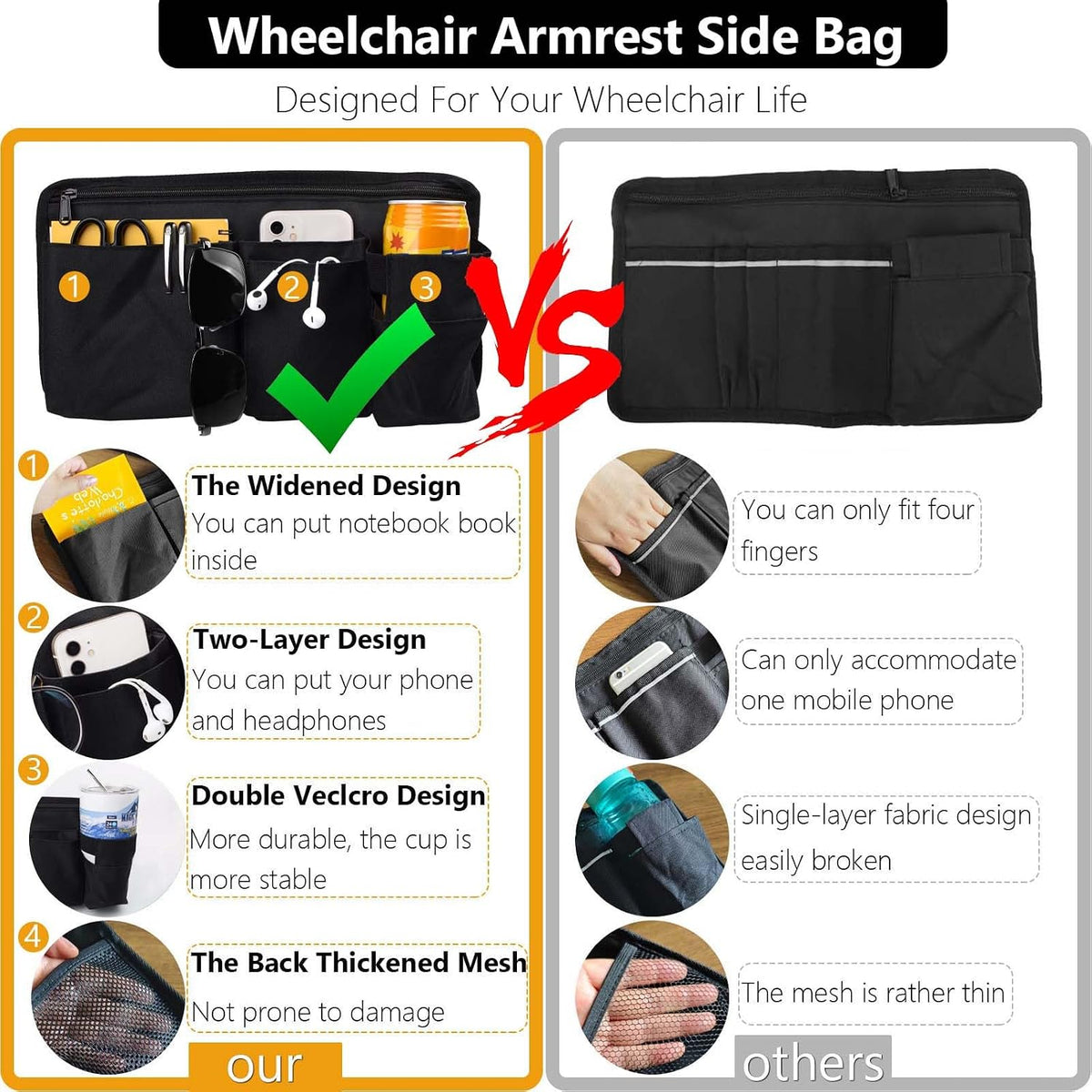 Wheelchair Side Bag Walker Side Bag Wheelchair Armrest Storage Pouch with Cup Holder, Wheelchair Accessories for Seniors for Walker, Rollator, Electric Scooter or Wheelchair -Black