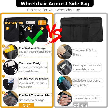Wheelchair Side Bag Walker Side Bag Wheelchair Armrest Storage Pouch with Cup Holder, Wheelchair Accessories for Seniors for Walker, Rollator, Electric Scooter or Wheelchair -Black
