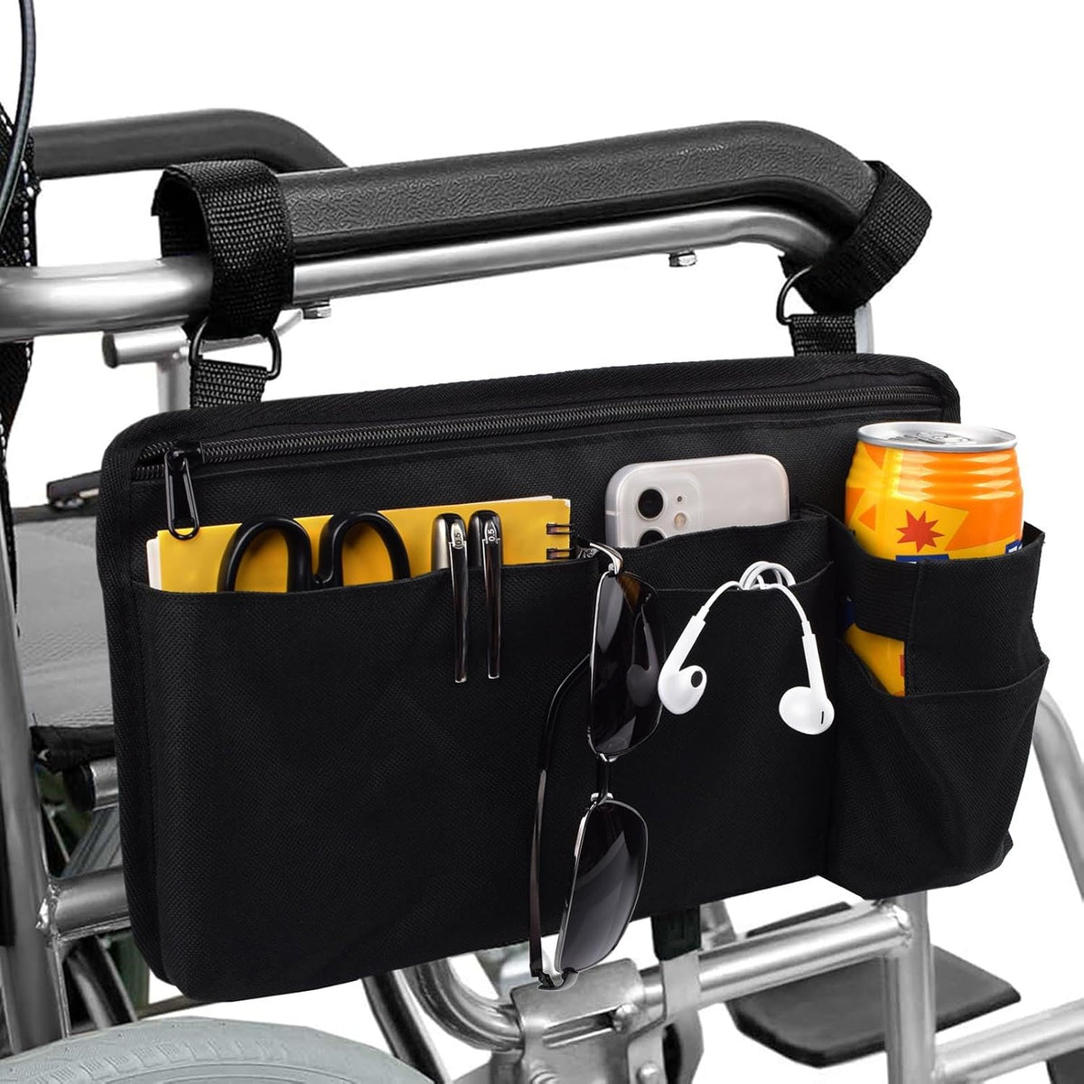 Wheelchair Side Bag Walker Side Bag Wheelchair Armrest Storage Pouch with Cup Holder, Wheelchair Accessories for Seniors for Walker, Rollator, Electric Scooter or Wheelchair -Black