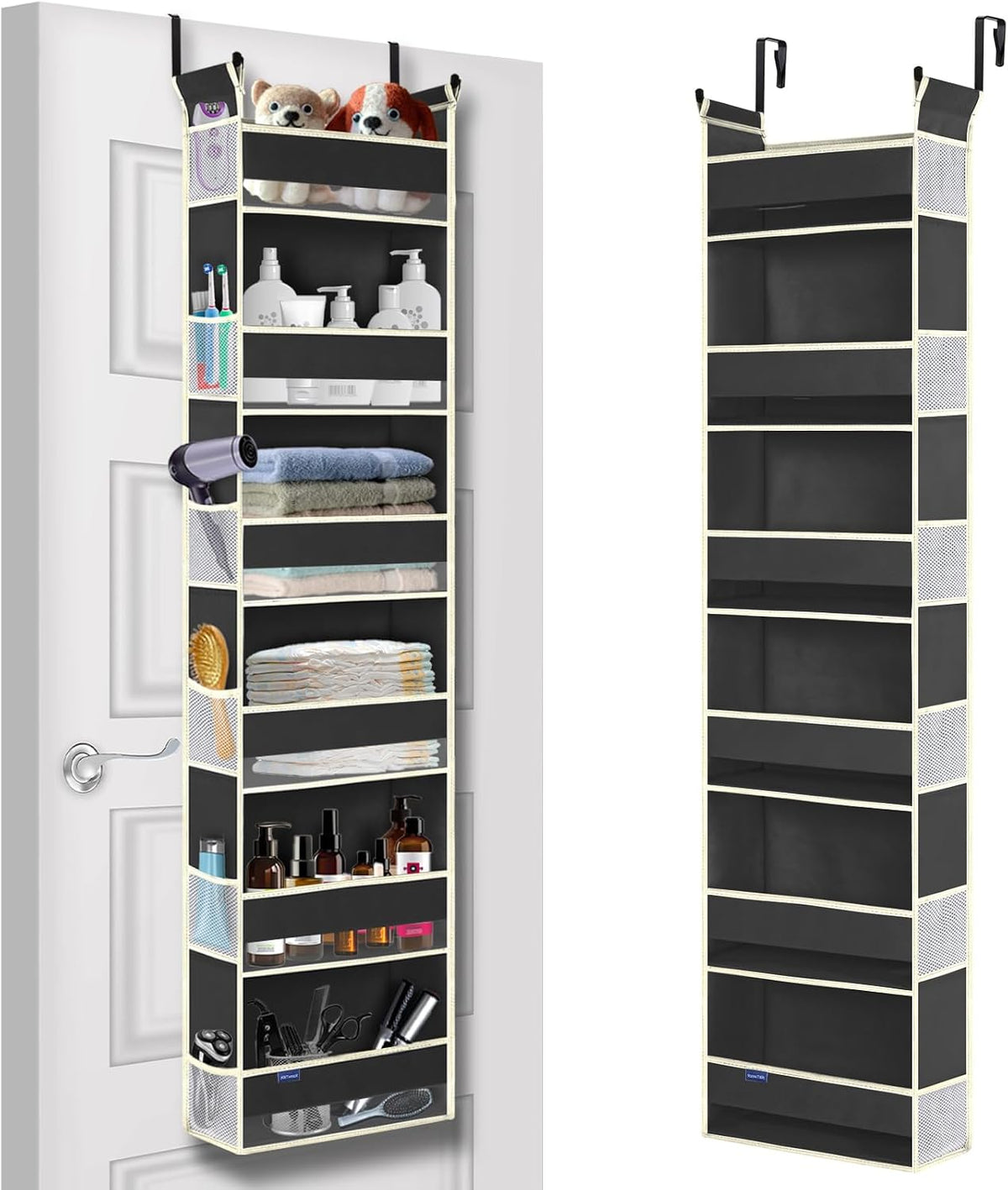 Over The Door Organizer 5-Shelves and 10 Side Pockets, Over The Door Storage for Bathroom Bedroom Nursery, Hanging Door Organizer for Baby Diapers and Kids Toys (13"x5"x44", Grey)