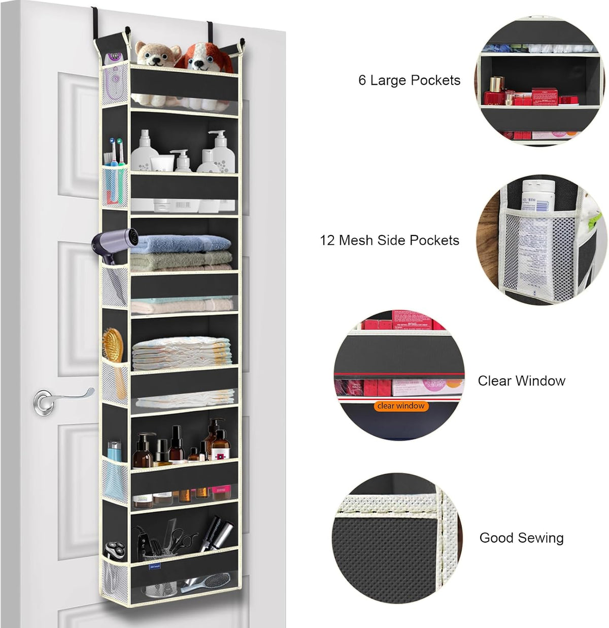 Over The Door Organizer 5-Shelves and 10 Side Pockets, Over The Door Storage for Bathroom Bedroom Nursery, Hanging Door Organizer for Baby Diapers and Kids Toys (13"x5"x44", Grey)