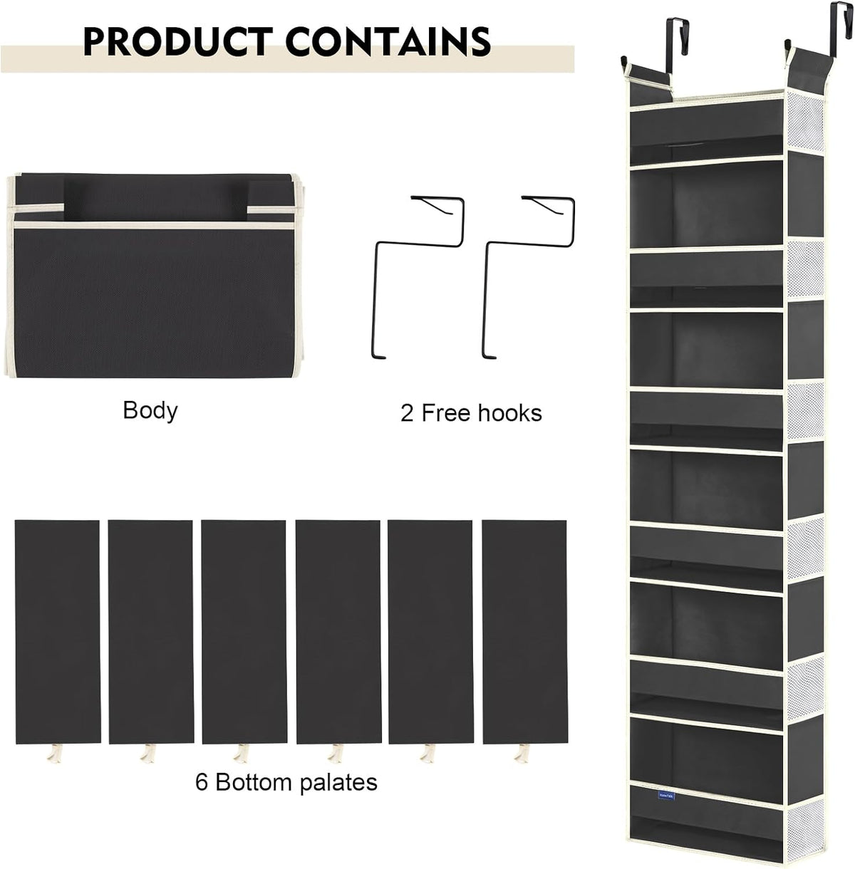 Over The Door Organizer 5-Shelves and 10 Side Pockets, Over The Door Storage for Bathroom Bedroom Nursery, Hanging Door Organizer for Baby Diapers and Kids Toys (13"x5"x44", Grey)