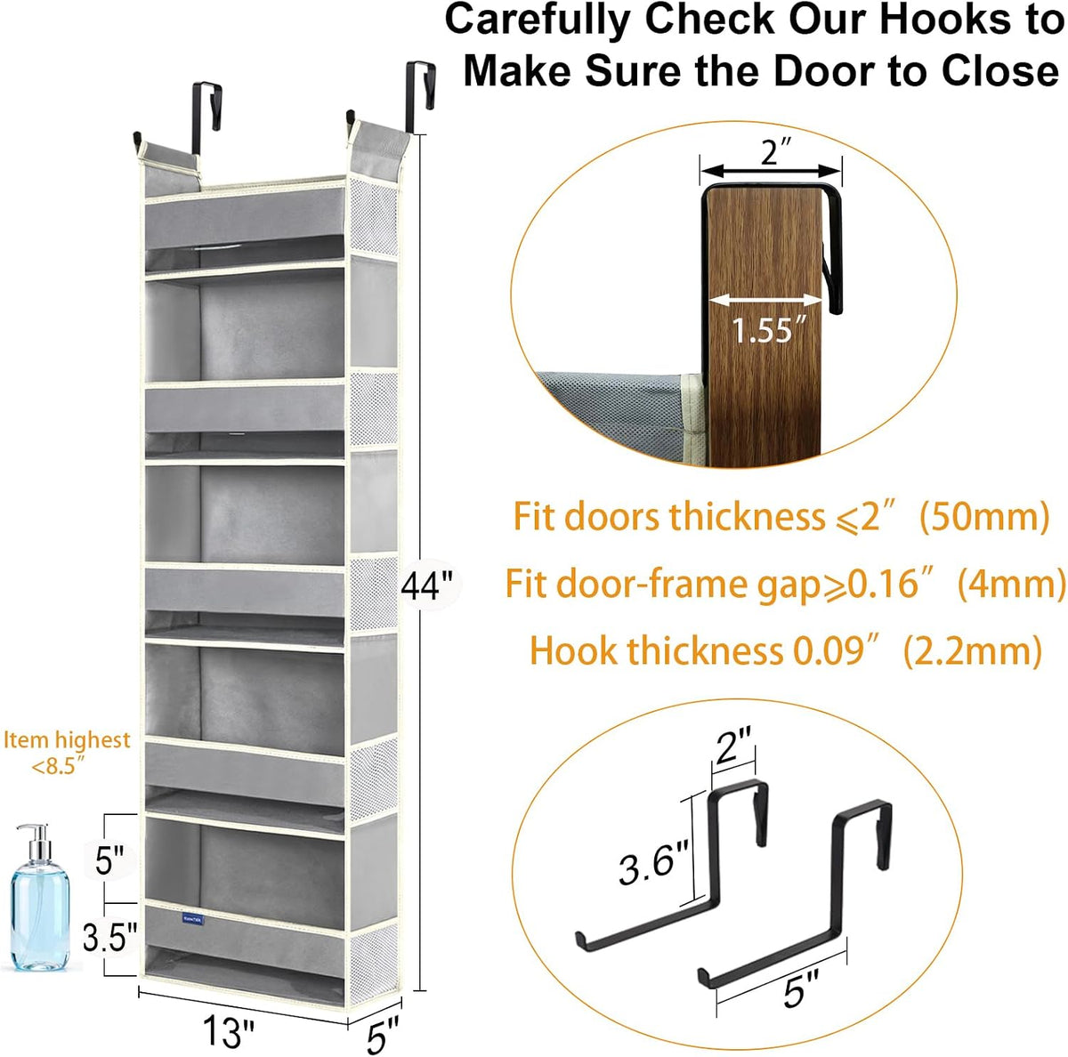Over The Door Organizer 5-Shelves and 10 Side Pockets, Over The Door Storage for Bathroom Bedroom Nursery, Hanging Door Organizer for Baby Diapers and Kids Toys (13"x5"x44", Grey)