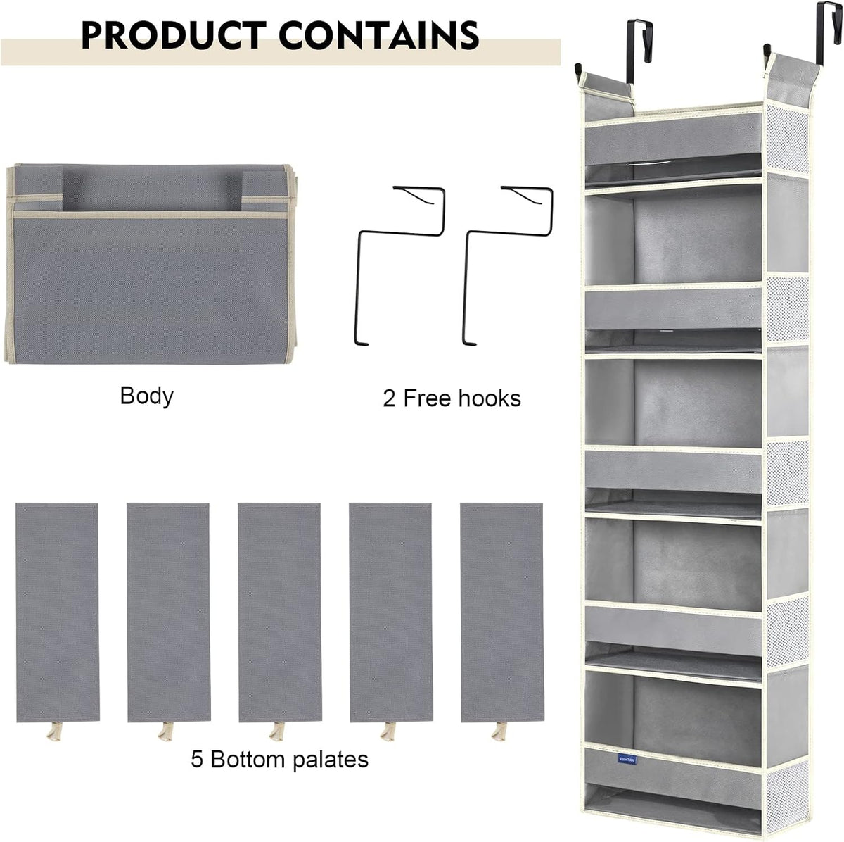 Over The Door Organizer 5-Shelves and 10 Side Pockets, Over The Door Storage for Bathroom Bedroom Nursery, Hanging Door Organizer for Baby Diapers and Kids Toys (13"x5"x44", Grey)
