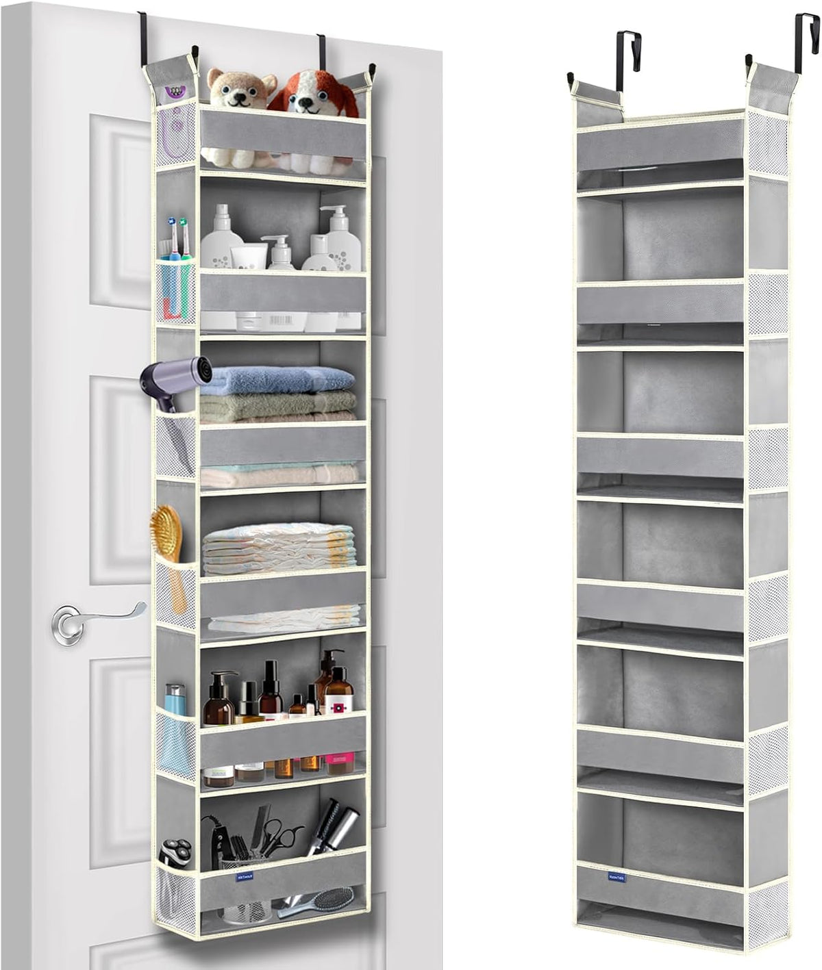 Over The Door Organizer 5-Shelves and 10 Side Pockets, Over The Door Storage for Bathroom Bedroom Nursery, Hanging Door Organizer for Baby Diapers and Kids Toys (13"x5"x44", Grey)