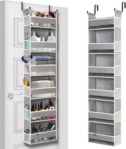 Over The Door Organizer 5-Shelves and 10 Side Pockets, Over The Door Storage for Bathroom Bedroom Nursery, Hanging Door Organizer for Baby Diapers and Kids Toys (13"x5"x44", Grey)