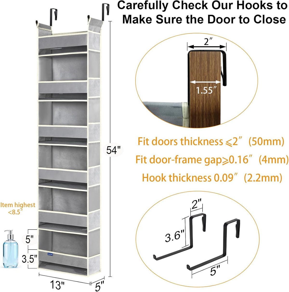 Over The Door Organizer 5-Shelves and 10 Side Pockets, Over The Door Storage for Bathroom Bedroom Nursery, Hanging Door Organizer for Baby Diapers and Kids Toys (13"x5"x44", Grey)