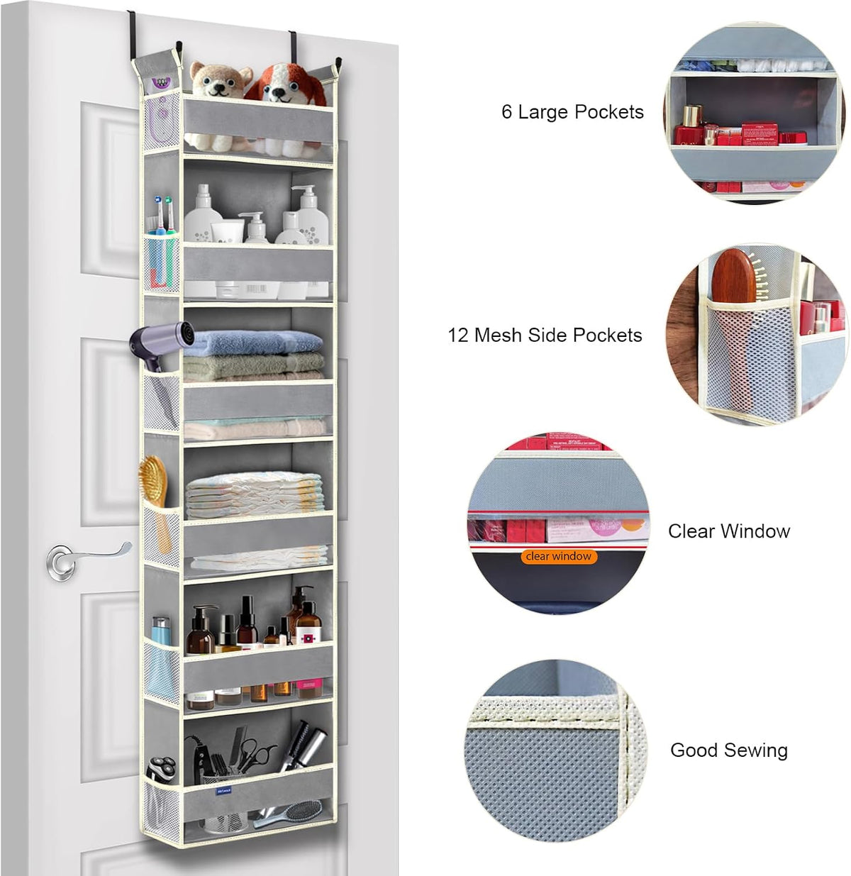 Over The Door Organizer 5-Shelves and 10 Side Pockets, Over The Door Storage for Bathroom Bedroom Nursery, Hanging Door Organizer for Baby Diapers and Kids Toys (13"x5"x44", Grey)