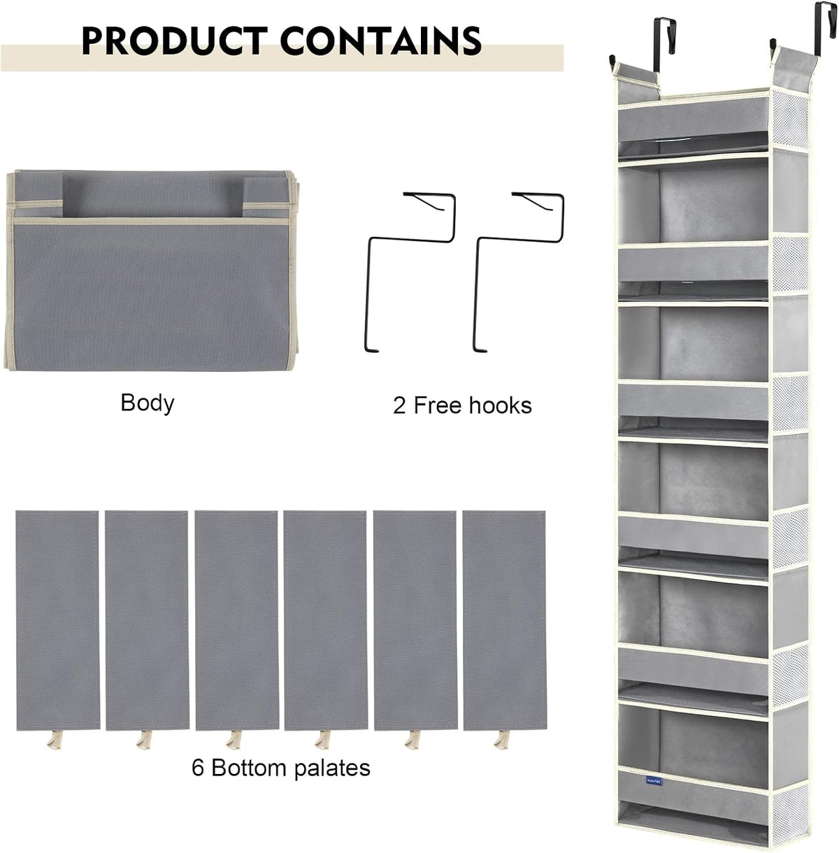 Over The Door Organizer 5-Shelves and 10 Side Pockets, Over The Door Storage for Bathroom Bedroom Nursery, Hanging Door Organizer for Baby Diapers and Kids Toys (13"x5"x44", Grey)