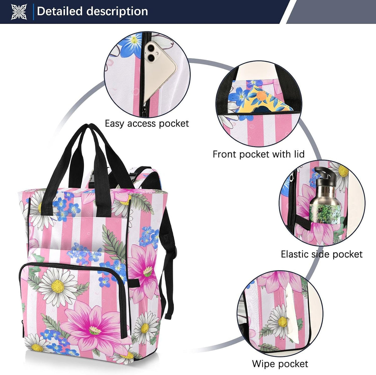 Diaper Bag Backpack, Multifunction Travel Bag for Moms Dads, Baby Changing Bag with Insulted Pockets, Stroller Straps and Side Bottle Pockets Blush Bloom Pattern