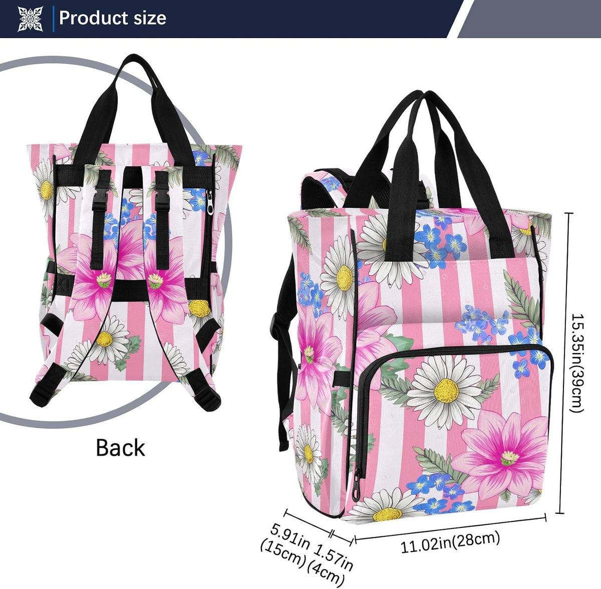 Diaper Bag Backpack, Multifunction Travel Bag for Moms Dads, Baby Changing Bag with Insulted Pockets, Stroller Straps and Side Bottle Pockets Blush Bloom Pattern