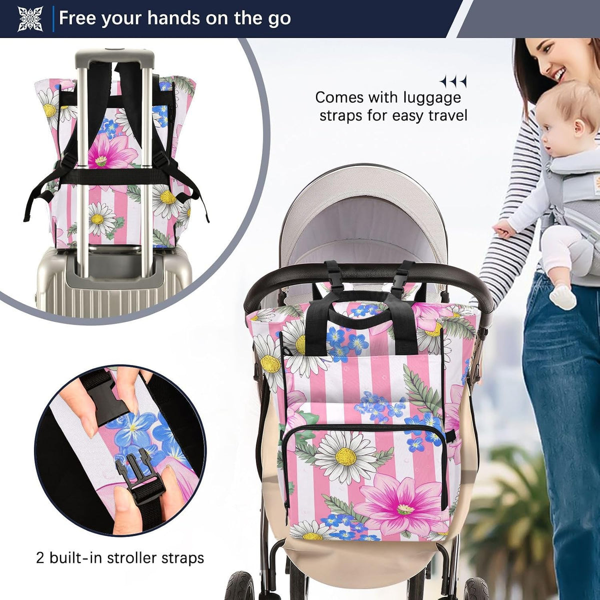 Diaper Bag Backpack, Multifunction Travel Bag for Moms Dads, Baby Changing Bag with Insulted Pockets, Stroller Straps and Side Bottle Pockets Blush Bloom Pattern